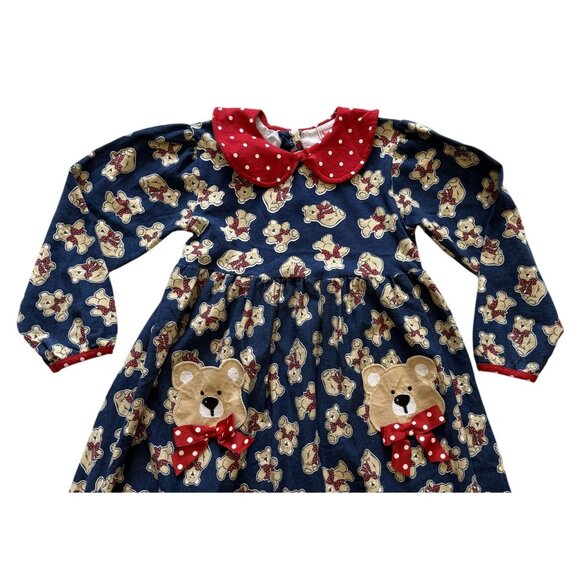 Buster Brown Girls 6X Teddy Bear Dress With Pockets Navy & Red Polka Dot Collar - Picture 2 of 6